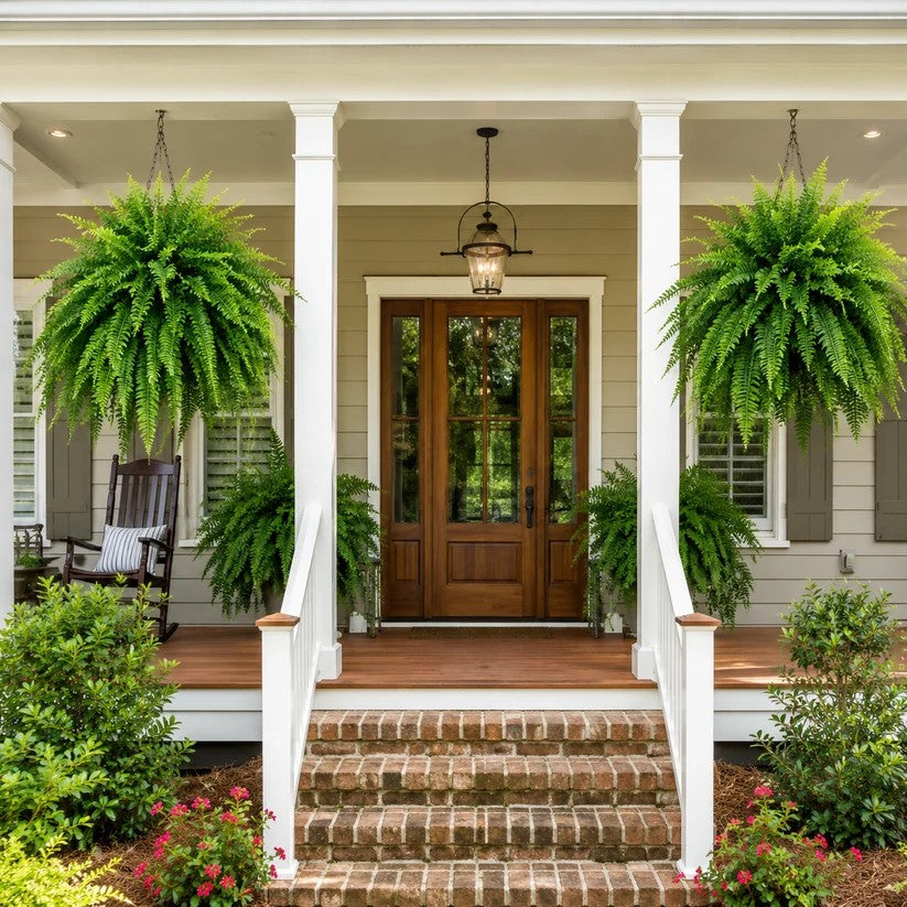 Two full artificial Boston ferns decorating a front porch during the day