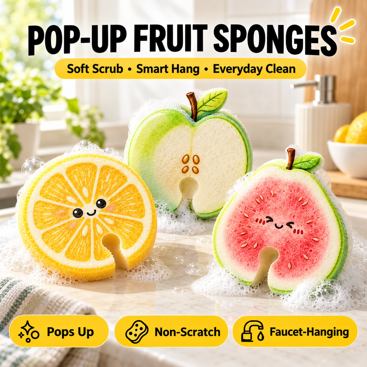 🔥 Limited-Time 49% OFF 🍋 3-Pack Pop-Up Fruit Wood Pulp Sponges | Soft & Non-Scratch Kitchen Cleaning