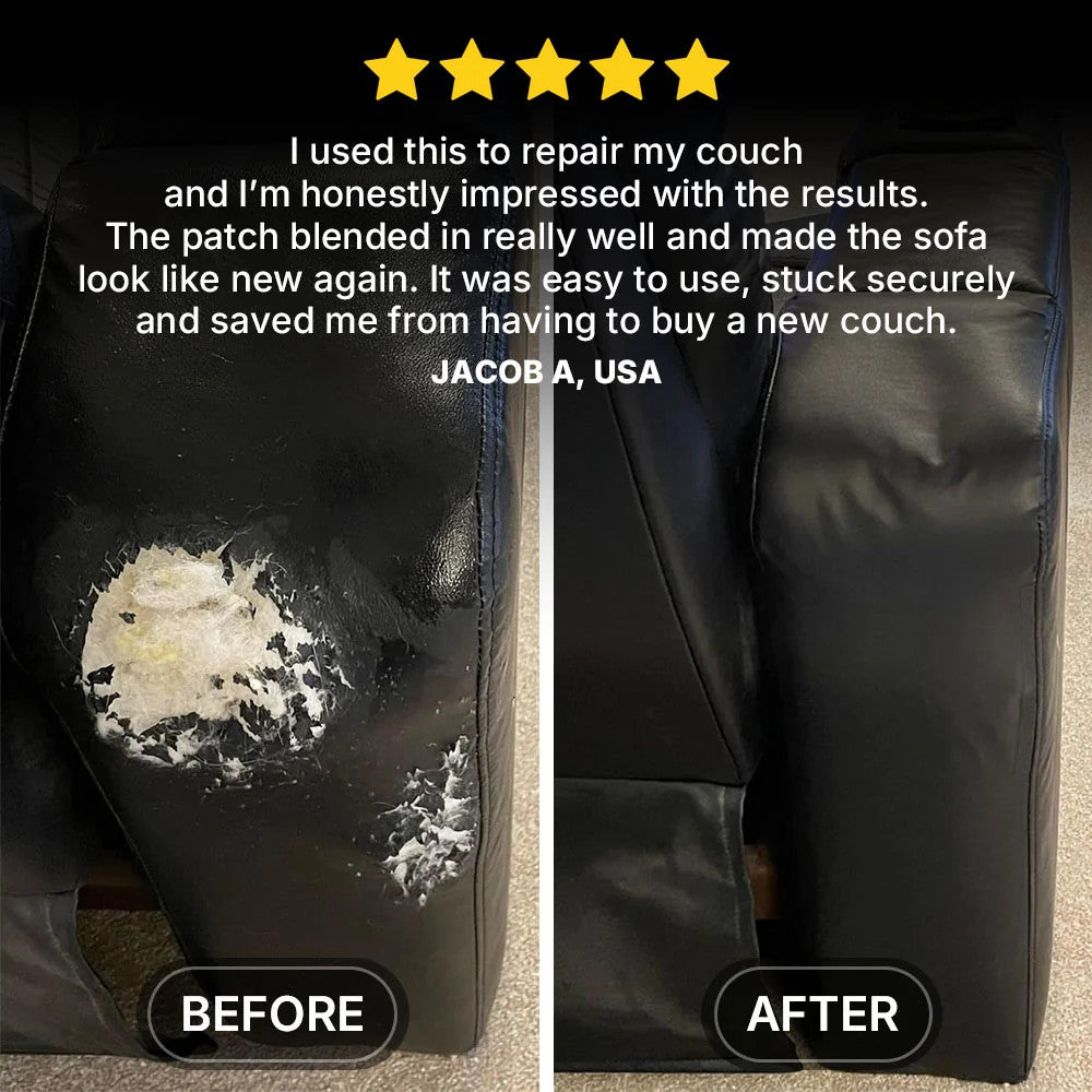 Five-star customer result showing a badly damaged black couch before and after patching