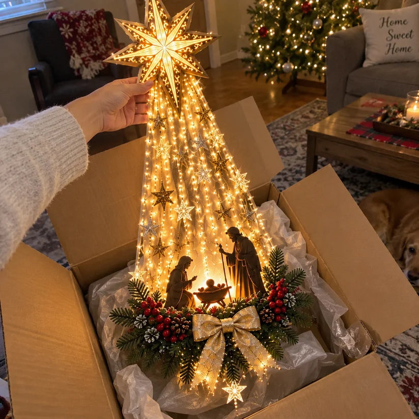 Bethlehem Star of Faith Nativity wall decoration being opened from its shipping box