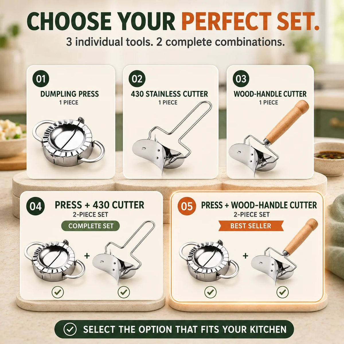 🥟 Stainless Steel Dumpling Maker & Dough Cutter Set – Roll, Fill, Press & Seal with Ease
