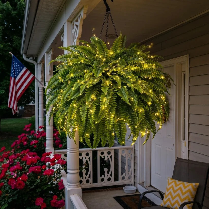 Hanging Boston fern illuminated with warm decorative lights at night