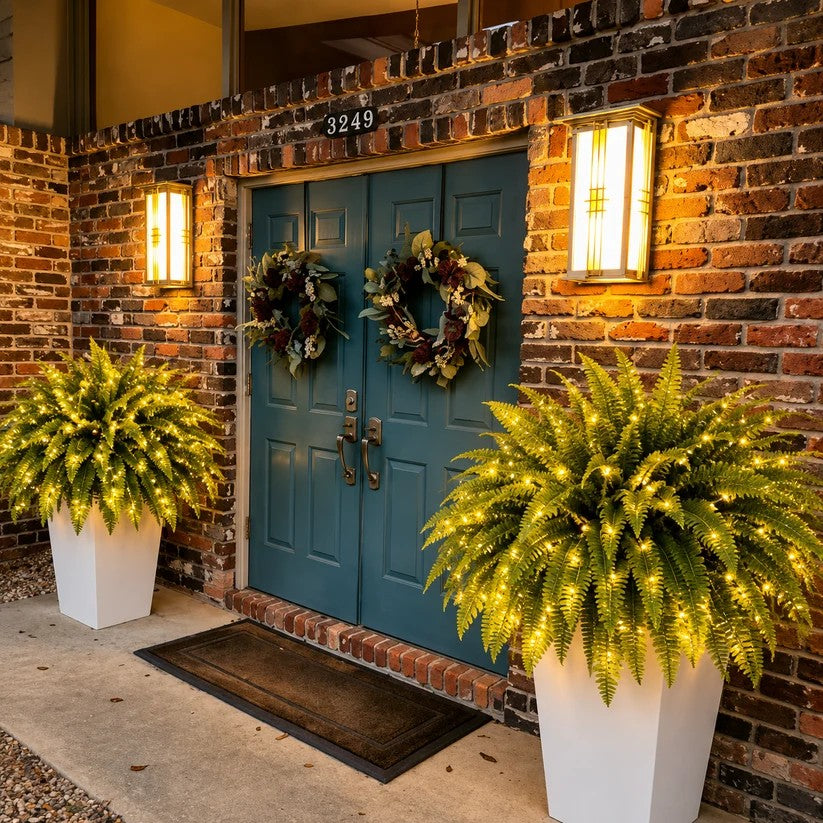 Two glowing Boston ferns framing a front entrance at night