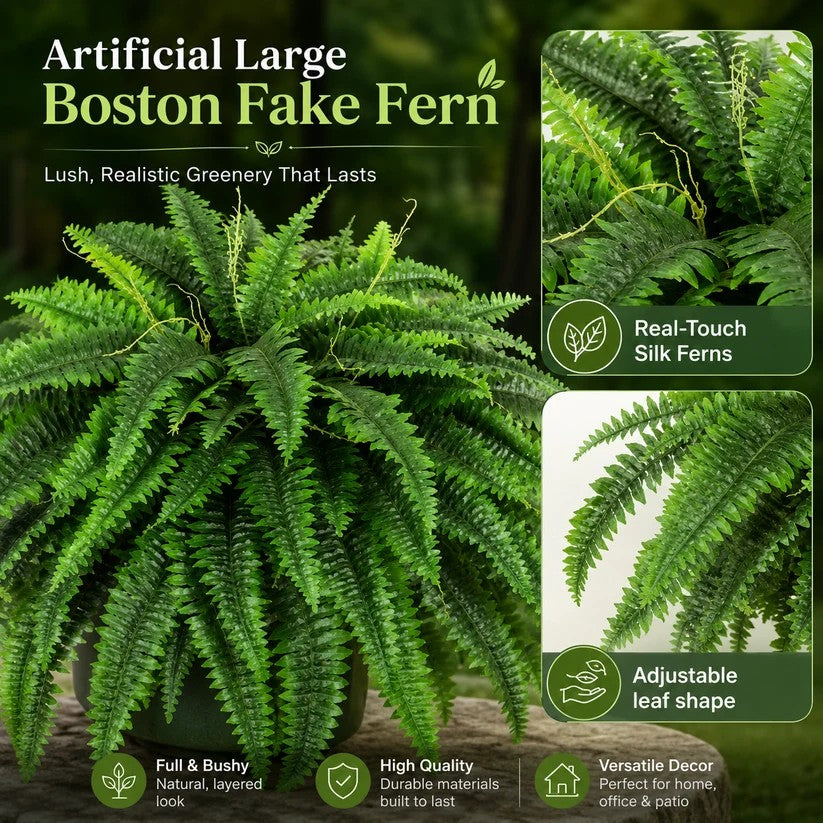 Artificial Boston fern showing realistic silk-style foliage and adjustable leaf shape
