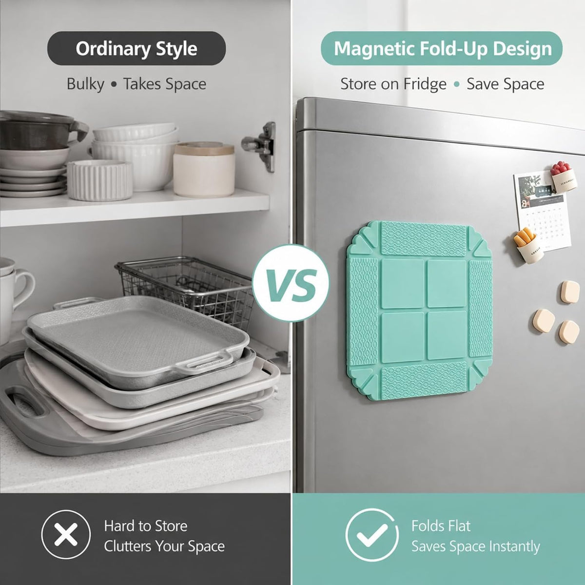 Comparison between bulky ordinary trays and the magnetic fold-up design