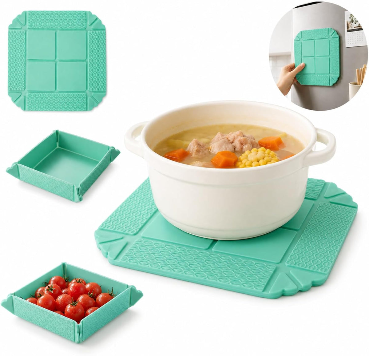 Heat mat, storage tray, fruit tray and flat magnetic storage examples