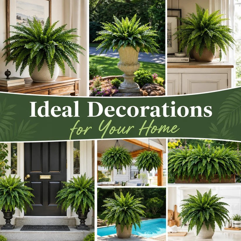 Artificial Boston ferns styled around a home, porch, garden, pool and indoor rooms