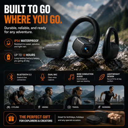 🔥8MP AI Camera Bone Conduction Headphones – Premium High-Fidelity Audio, EIS Video Stabilization, 160+ Language Translation, IP54 Waterproof Headset for Outdoor Vlogging & Sports.