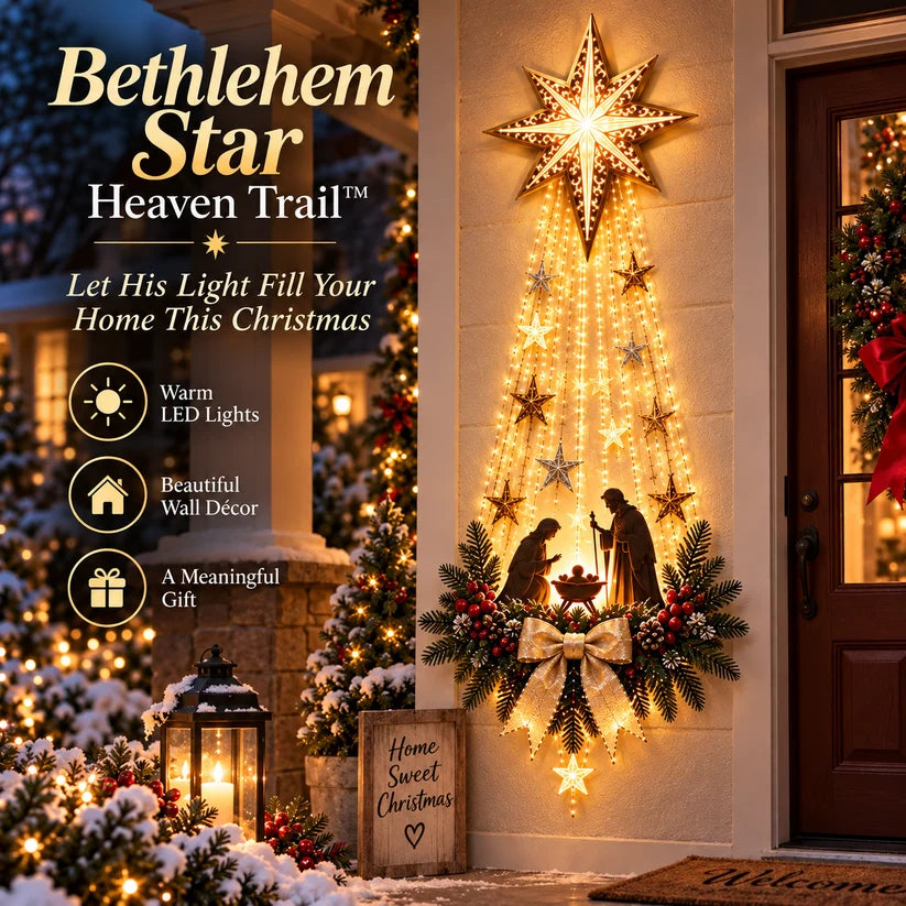 Bethlehem Star Nativity wall light displayed at a decorated Christmas entrance