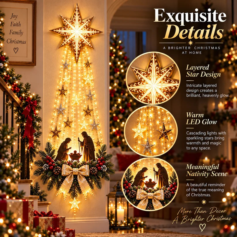 Close-up details of the layered Bethlehem Star, warm LEDs, Nativity scene and Christmas accents