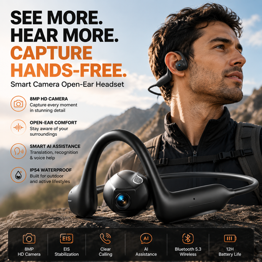 🔥8MP AI Camera Bone Conduction Headphones – Premium High-Fidelity Audio, EIS Video Stabilization, 160+ Language Translation, IP54 Waterproof Headset for Outdoor Vlogging & Sports.