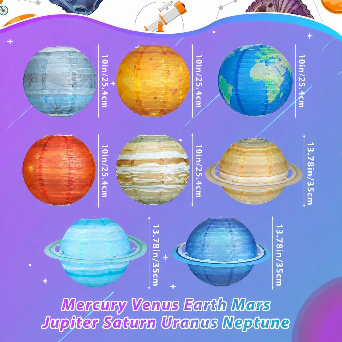 🪐 8-Piece Solar System Planet Paper Lantern Set – Outer Space Birthday Party Decorations