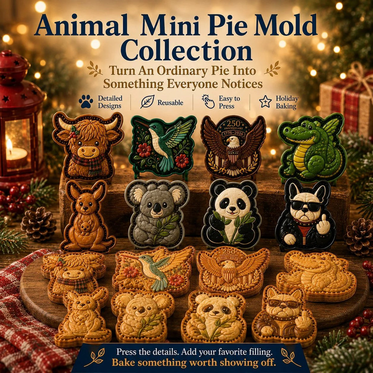 ⏳ Last Day 49% OFF – 🐾 8-Design Animal Mini Pie Mold Collection | Reusable Embossed Molds for Shaping Detailed Highland Cow, Hummingbird, Eagle, Koala & More 🥧✨