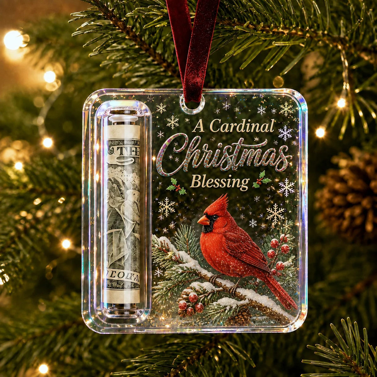 Cardinal Christmas cash ornament hanging on a tree