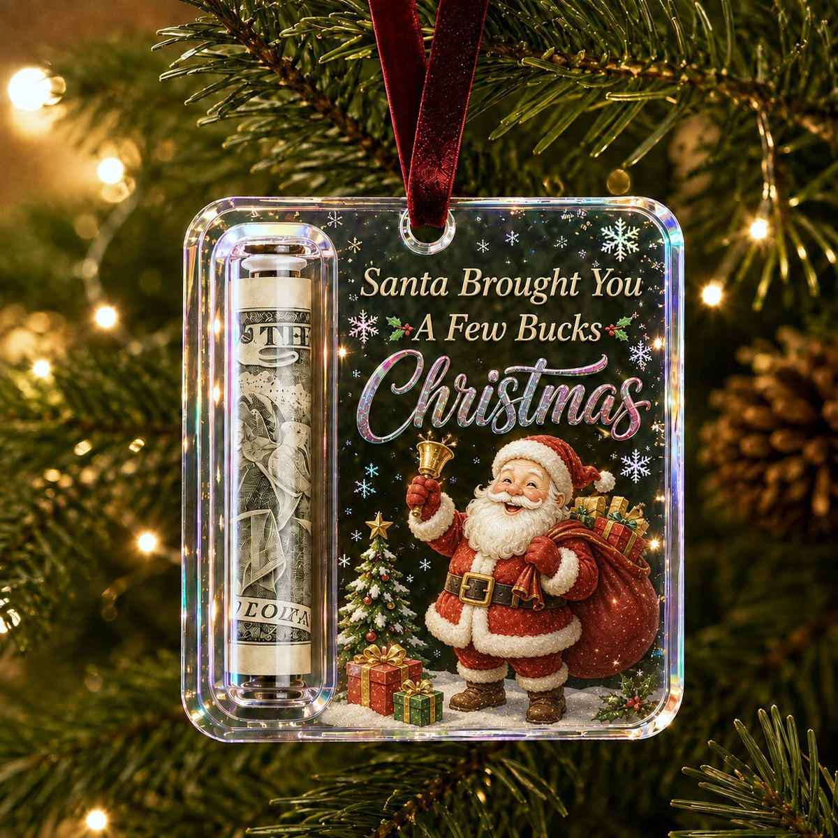 Christmas cash gift ornament displayed on a tree