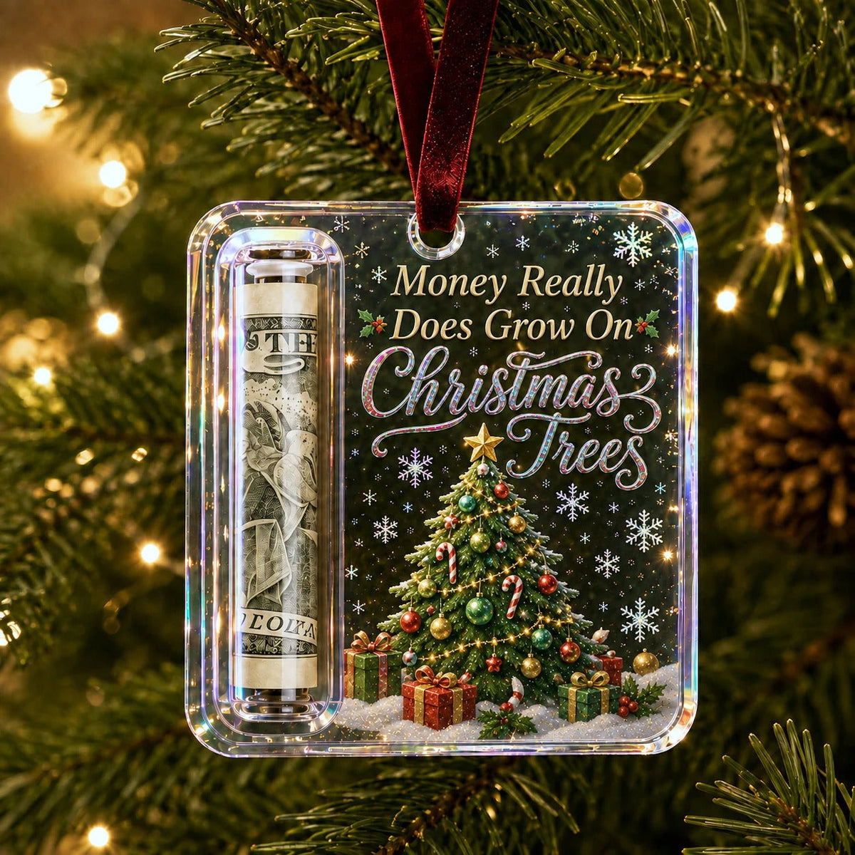 Christmas tree ornament holding rolled cash