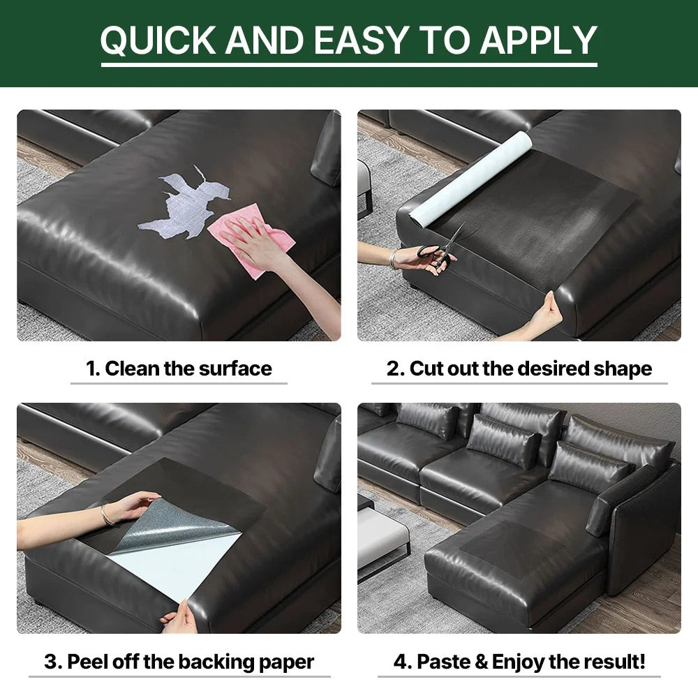 Four application steps: clean the surface, cut the shape, peel the backing and apply the patch