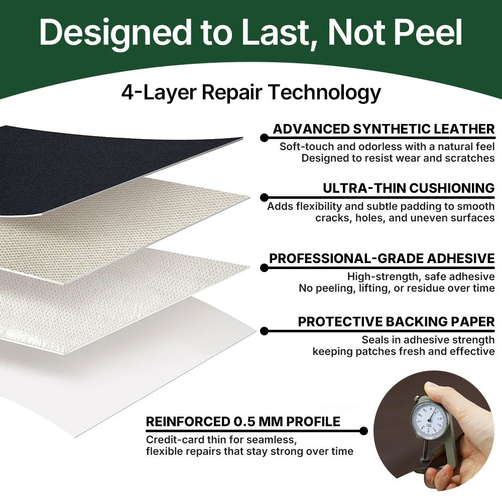 Four-layer repair patch construction with synthetic leather, cushioning, adhesive and protective backing